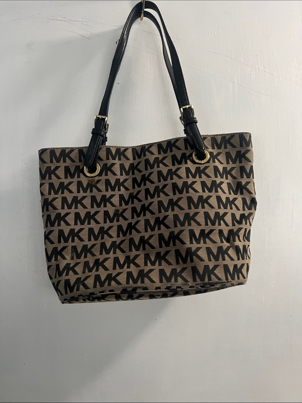 Michael Kors Brown Logo Canvas Tote with Black Straps
